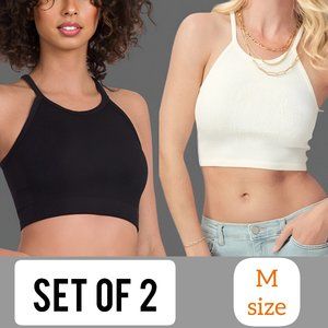 Women's Ribbed Halter Sport Yoga Crop Top Vest Gym Workout Cami Tank Top 2PCS